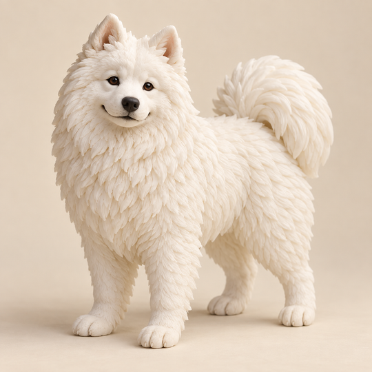 Illustrative front view of a custom Samoyed polymer clay figurine.