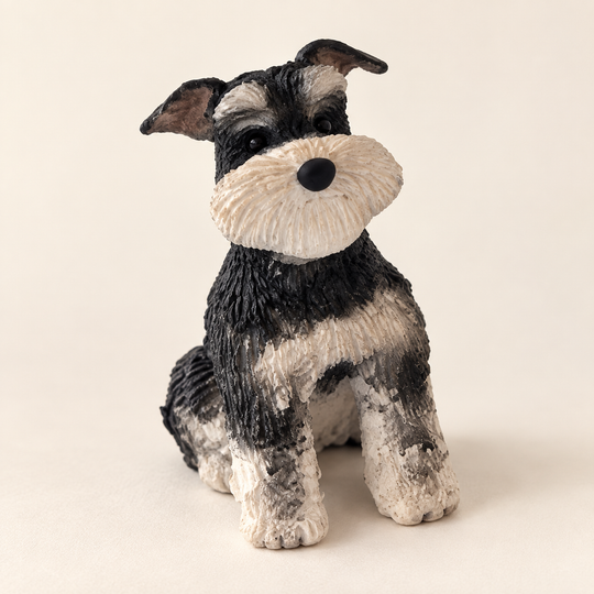 Handmade salt-and-pepper Schnauzer figurine with a cream beard; cover edited from our Etsy example