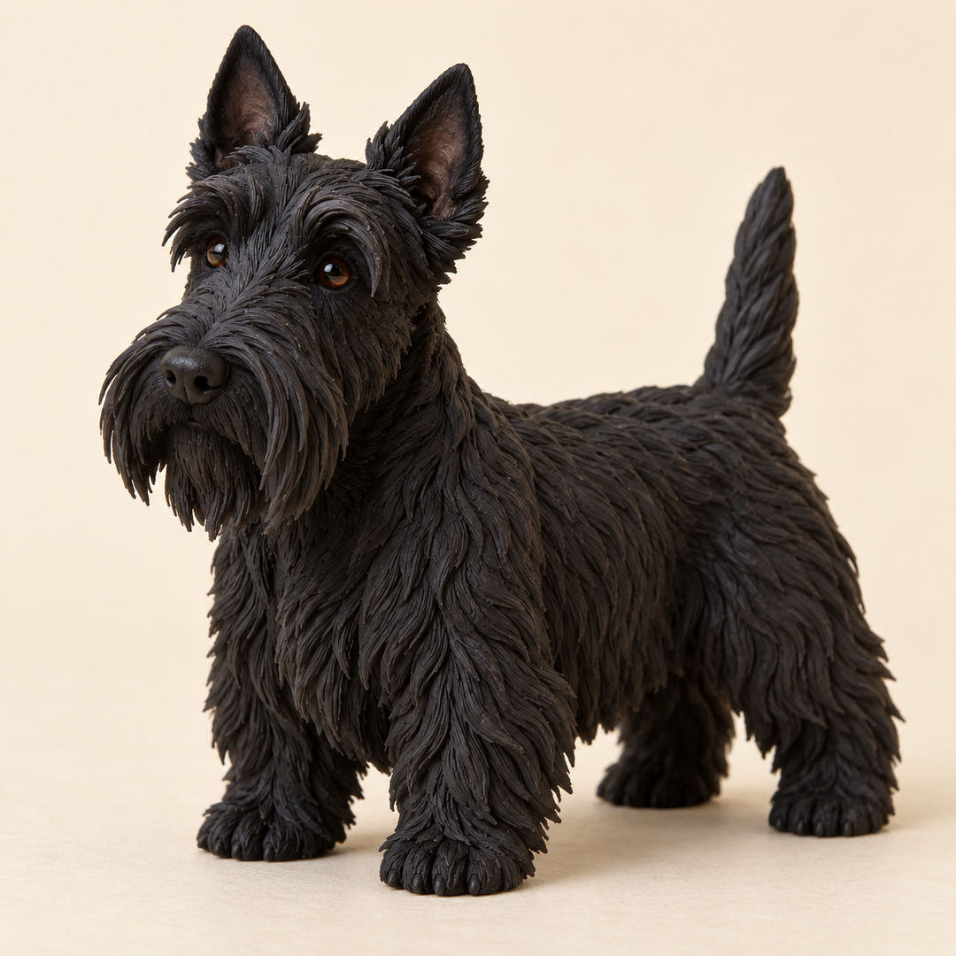 Illustrative front view of a custom Scottish Terrier polymer clay figurine.