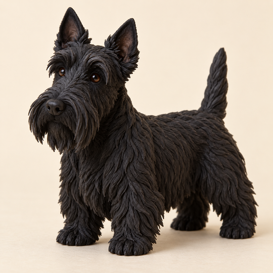 Illustrative front view of a custom Scottish Terrier polymer clay figurine.