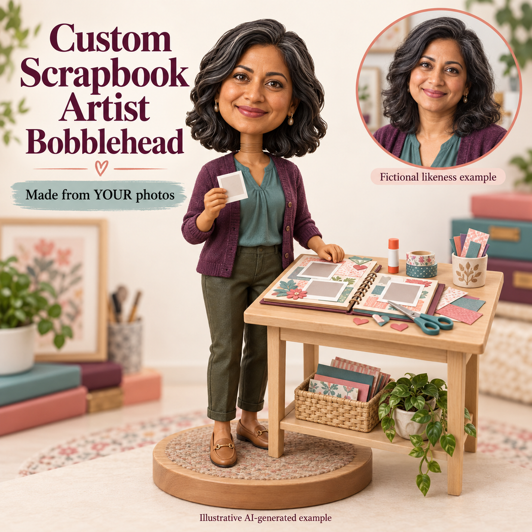 Custom scrapbook artist bobblehead with fictional portrait likeness example and included craft table