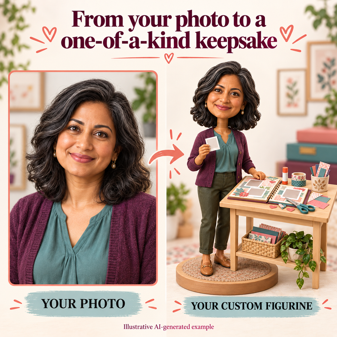 Your photo to custom scrapbook artist figurine comparison, illustrative AI-generated example