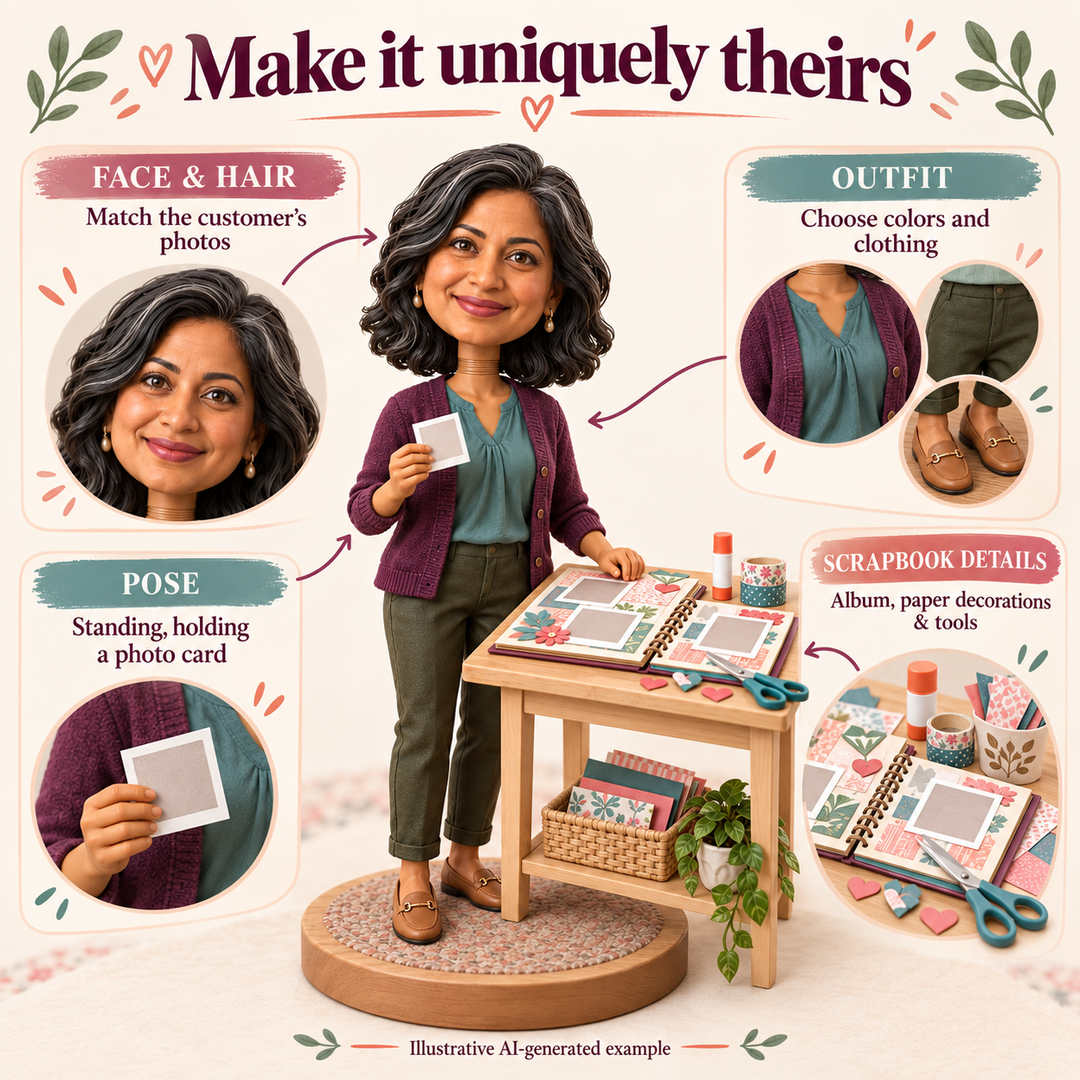 Scrapbook artist bobblehead face, outfit, pose and prop customization options