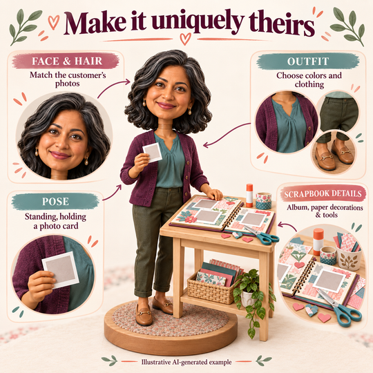 Scrapbook artist bobblehead face, outfit, pose and prop customization options