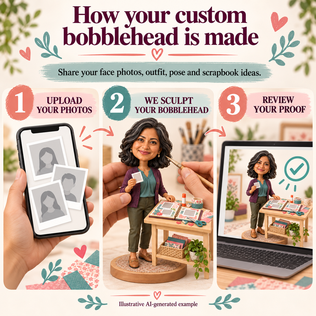 Upload photos, sculpt bobblehead and review proof customization process
