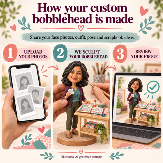 Upload photos, sculpt bobblehead and review proof customization process