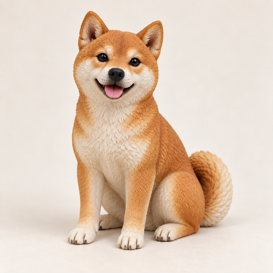 Illustrative front view of a red-and-cream Shiba Inu polymer clay figurine.