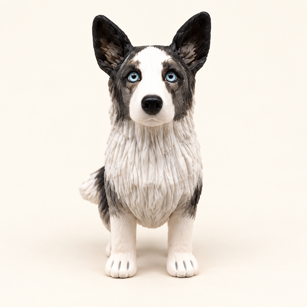 Handmade grey-and-white Siberian Husky figurine with blue eyes, edited from our Etsy example.