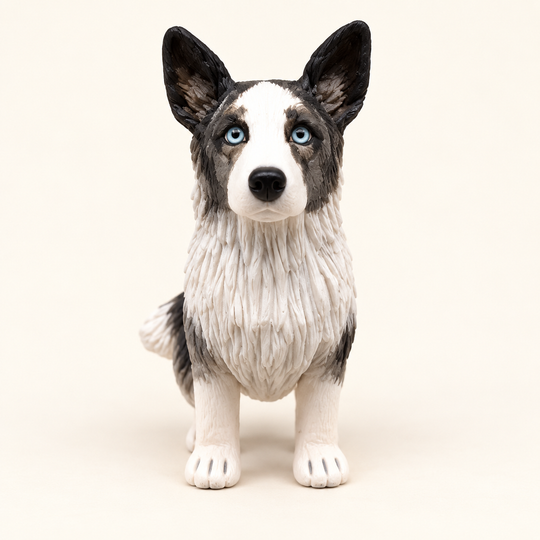 Handmade grey-and-white Siberian Husky figurine with blue eyes, edited from our Etsy example.