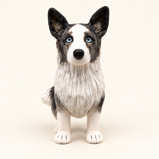 Handmade grey-and-white Siberian Husky figurine with blue eyes, edited from our Etsy example.