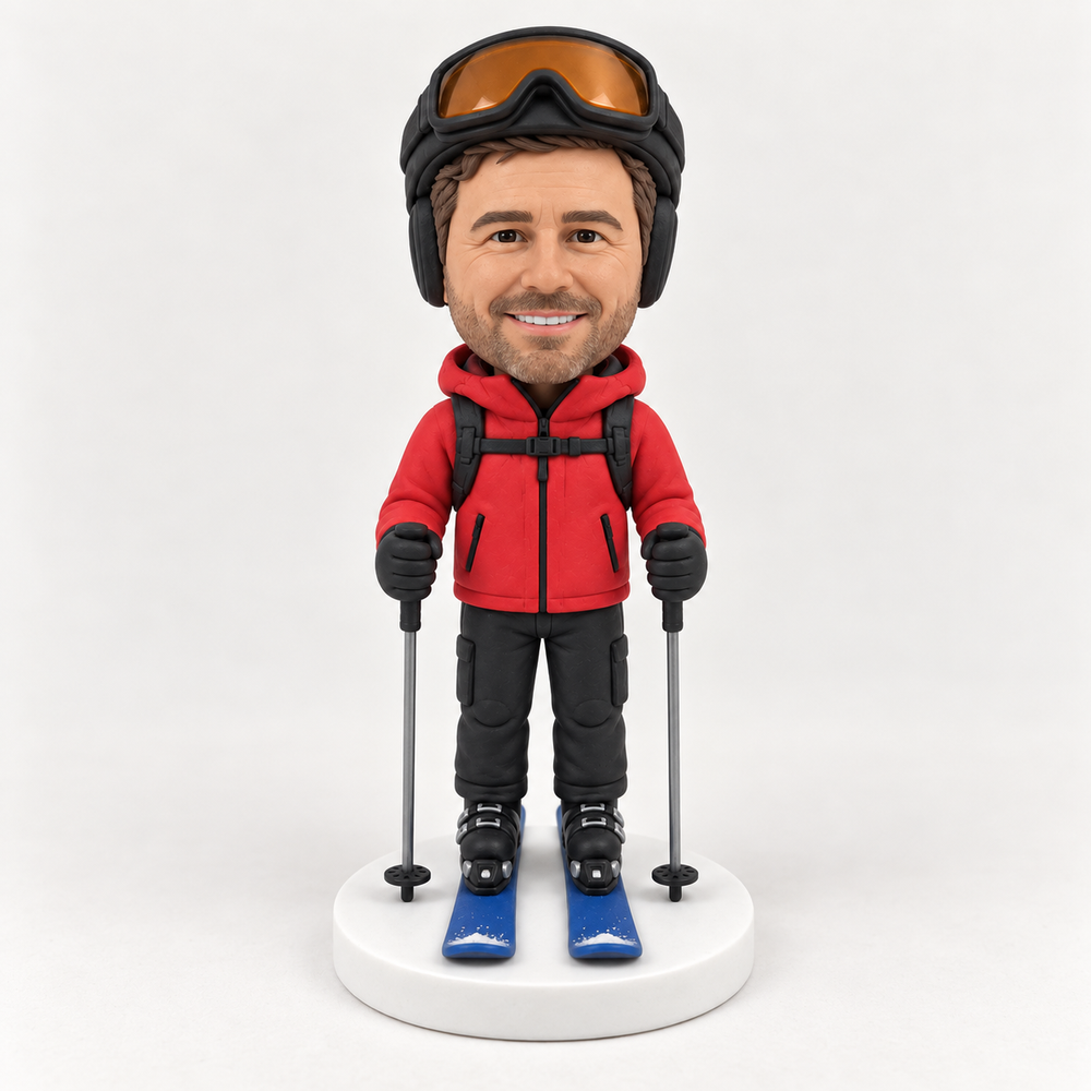 Custom skier figurine front view