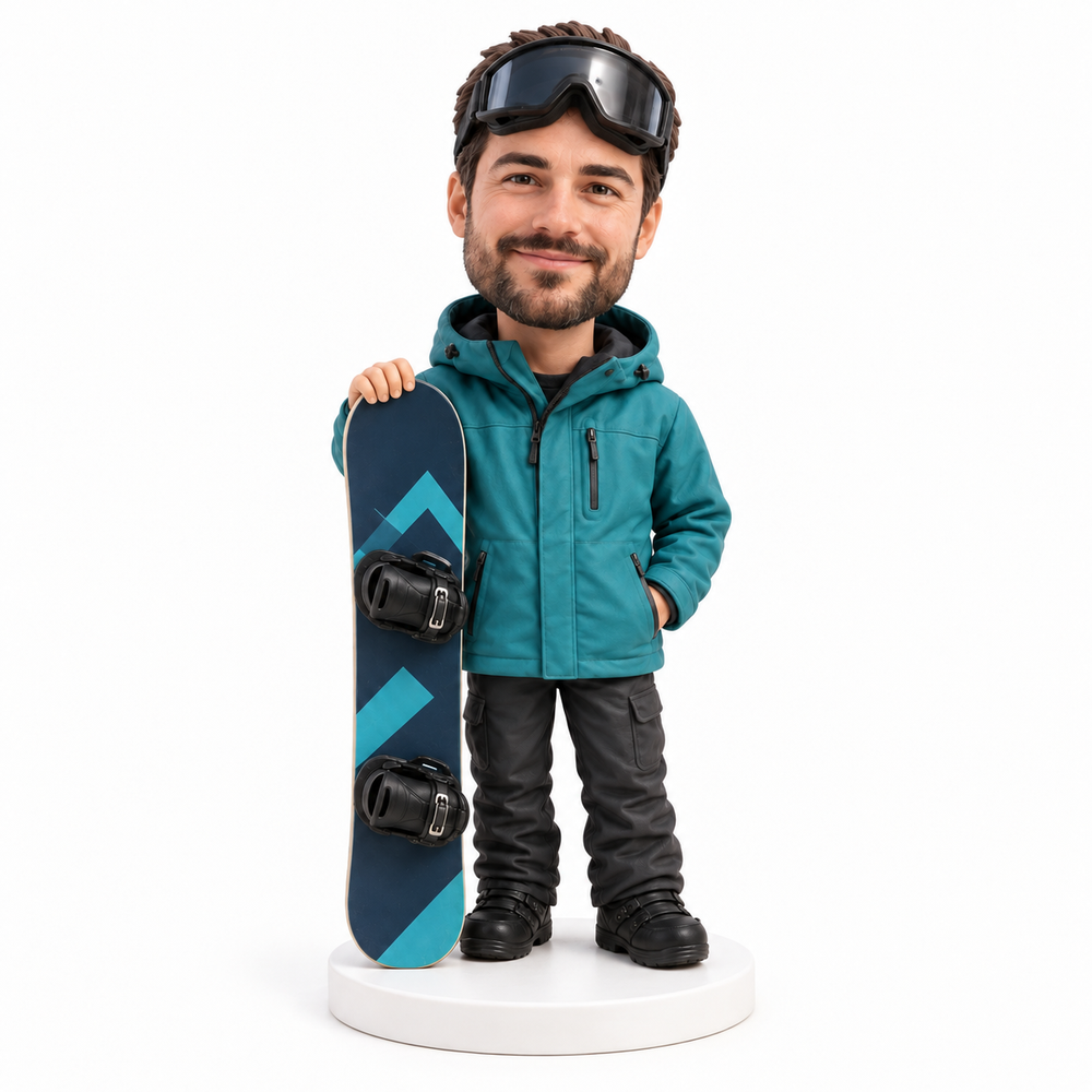 Custom snowboarder bobblehead in teal jacket – front view