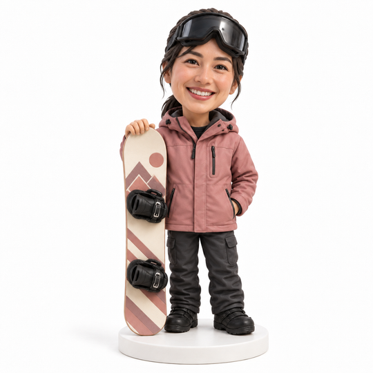 Personalised female snowboarder bobblehead – rose jacket example