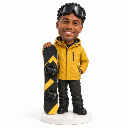 Personalised male snowboarder bobblehead – yellow jacket example