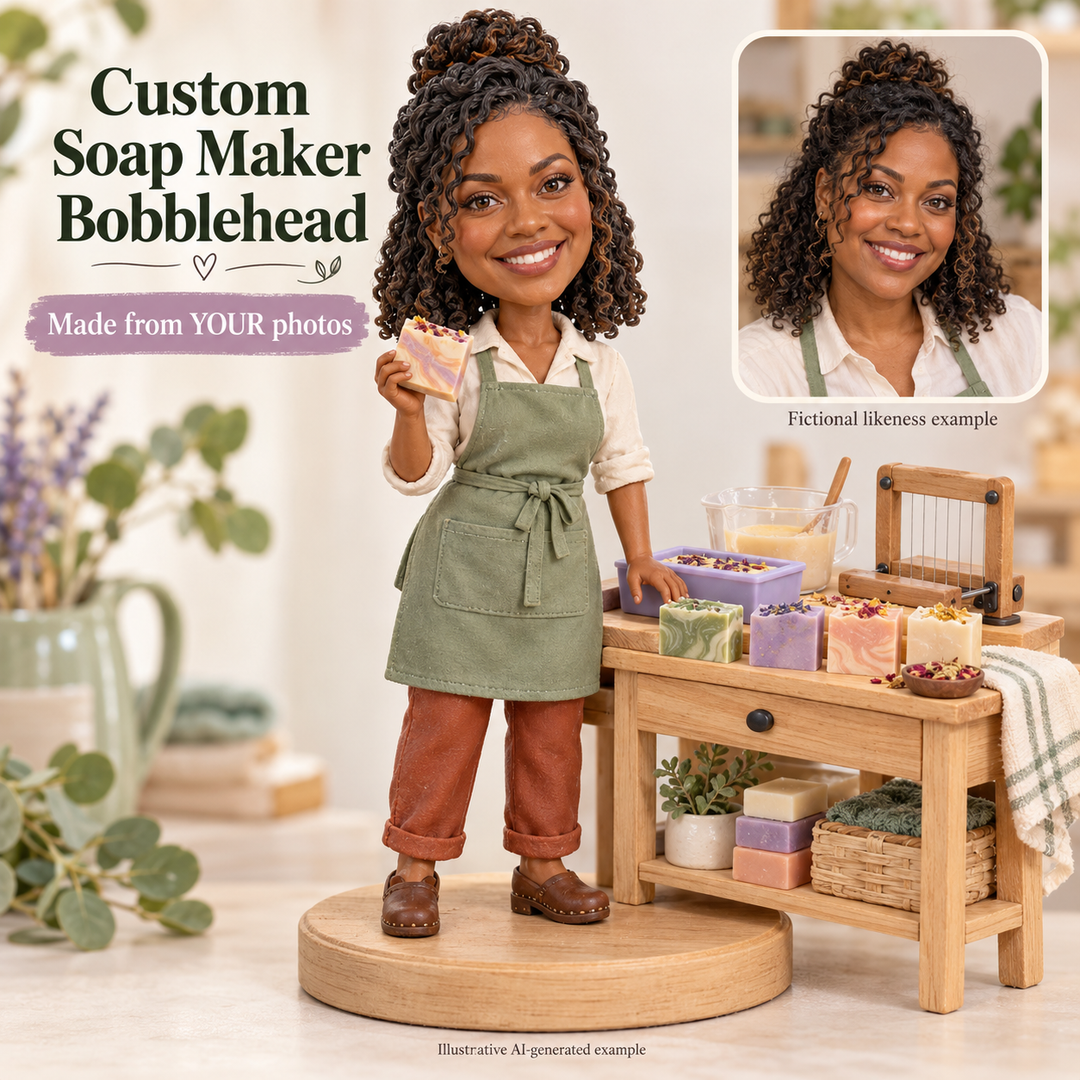 Custom soap maker bobblehead with fictional portrait likeness example and included workbench