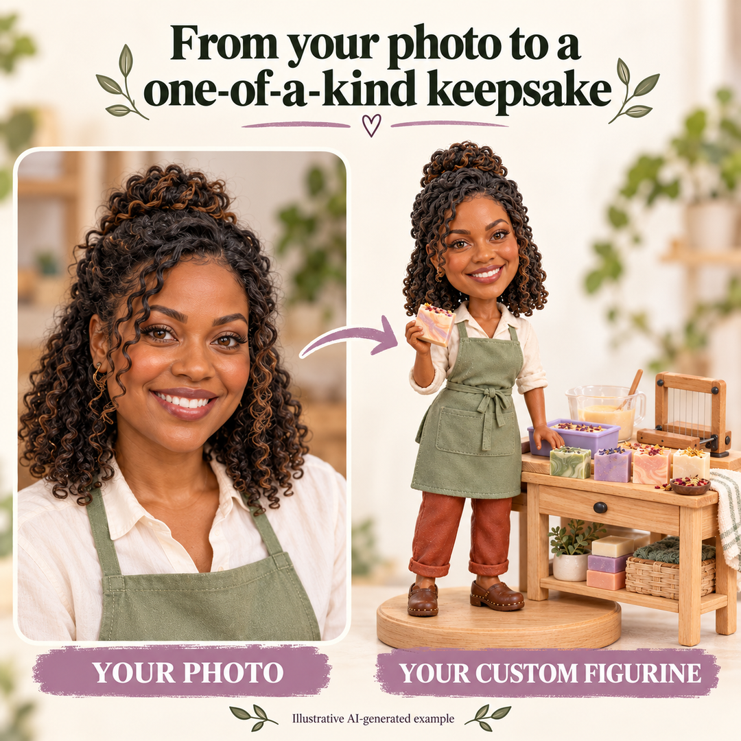 Your photo to custom soap maker figurine comparison, illustrative AI-generated example
