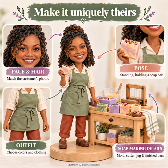 Soap maker bobblehead face, outfit, pose and soap-making detail customization options