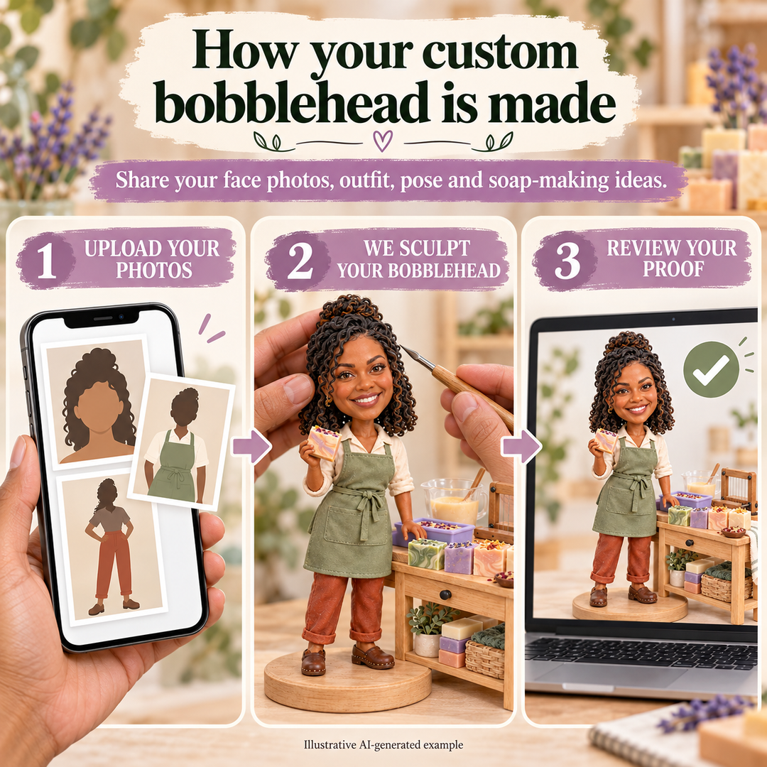 Upload photos, sculpt bobblehead and review proof customization process