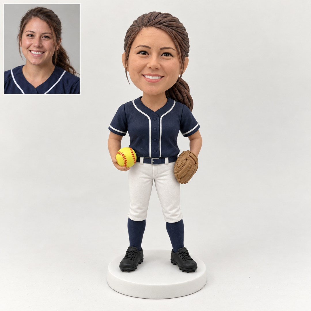 Custom softball player figurine with matching portrait comparison