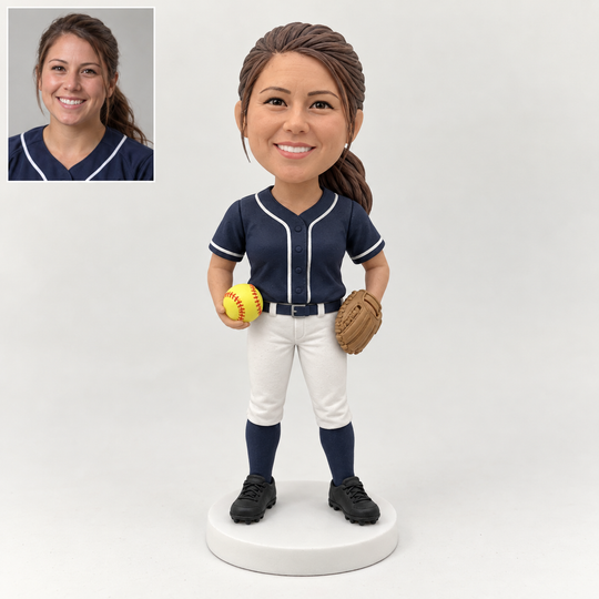 Custom softball player figurine with matching portrait comparison