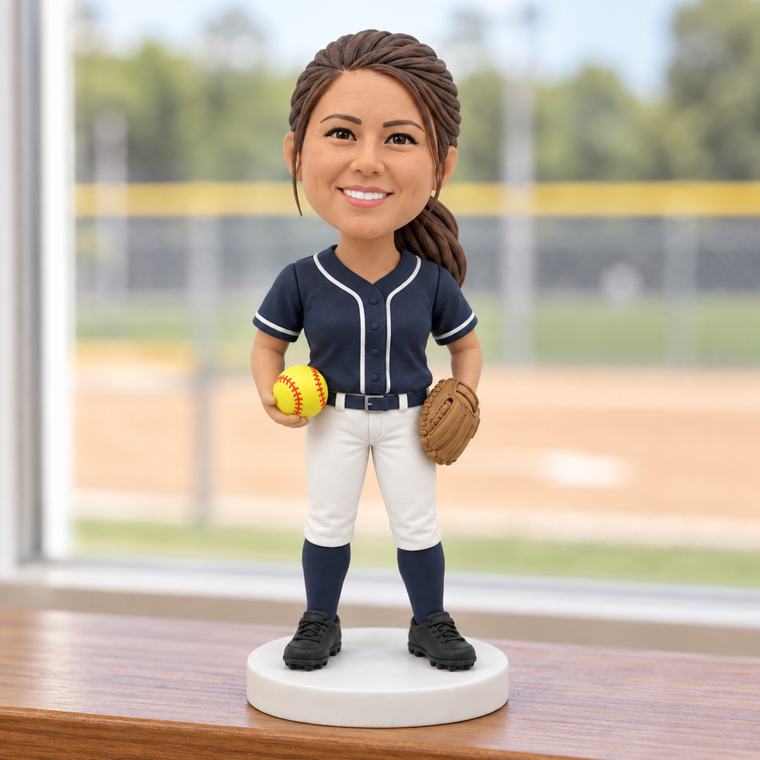 Custom softball player figurine displayed beside field window