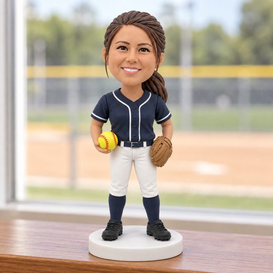 Custom softball player figurine displayed beside field window
