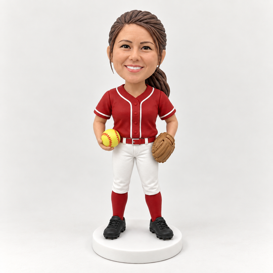 Custom softball player figurine in red jersey