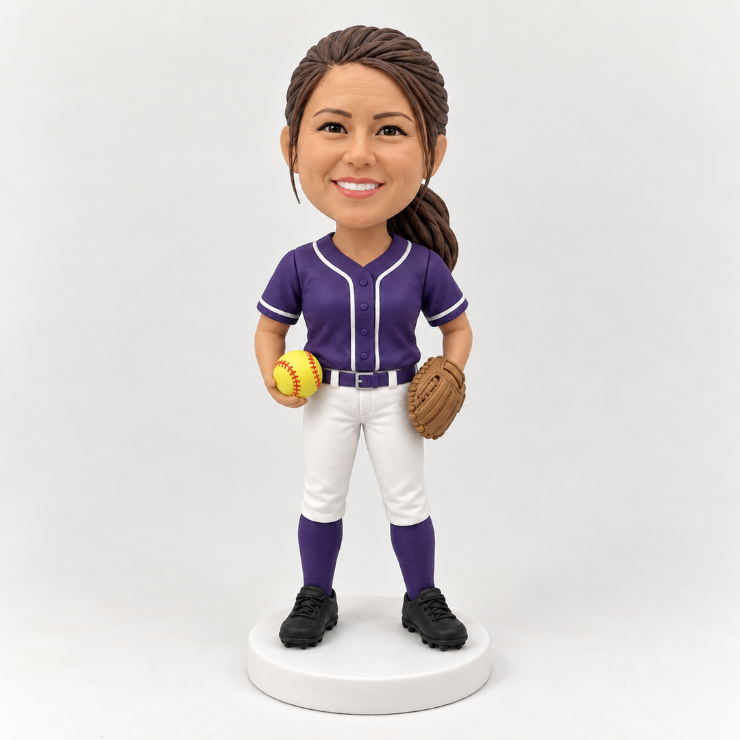 Custom softball player figurine in purple jersey