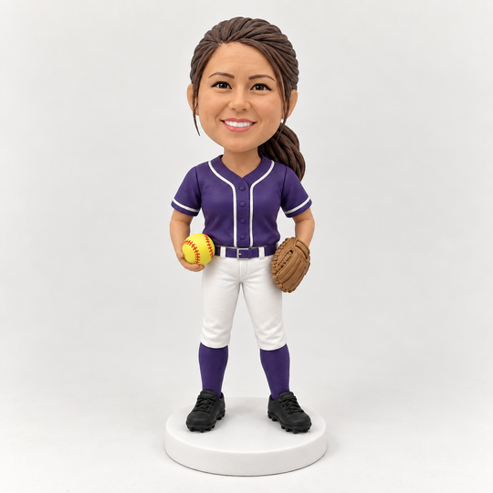 Custom softball player figurine in purple jersey