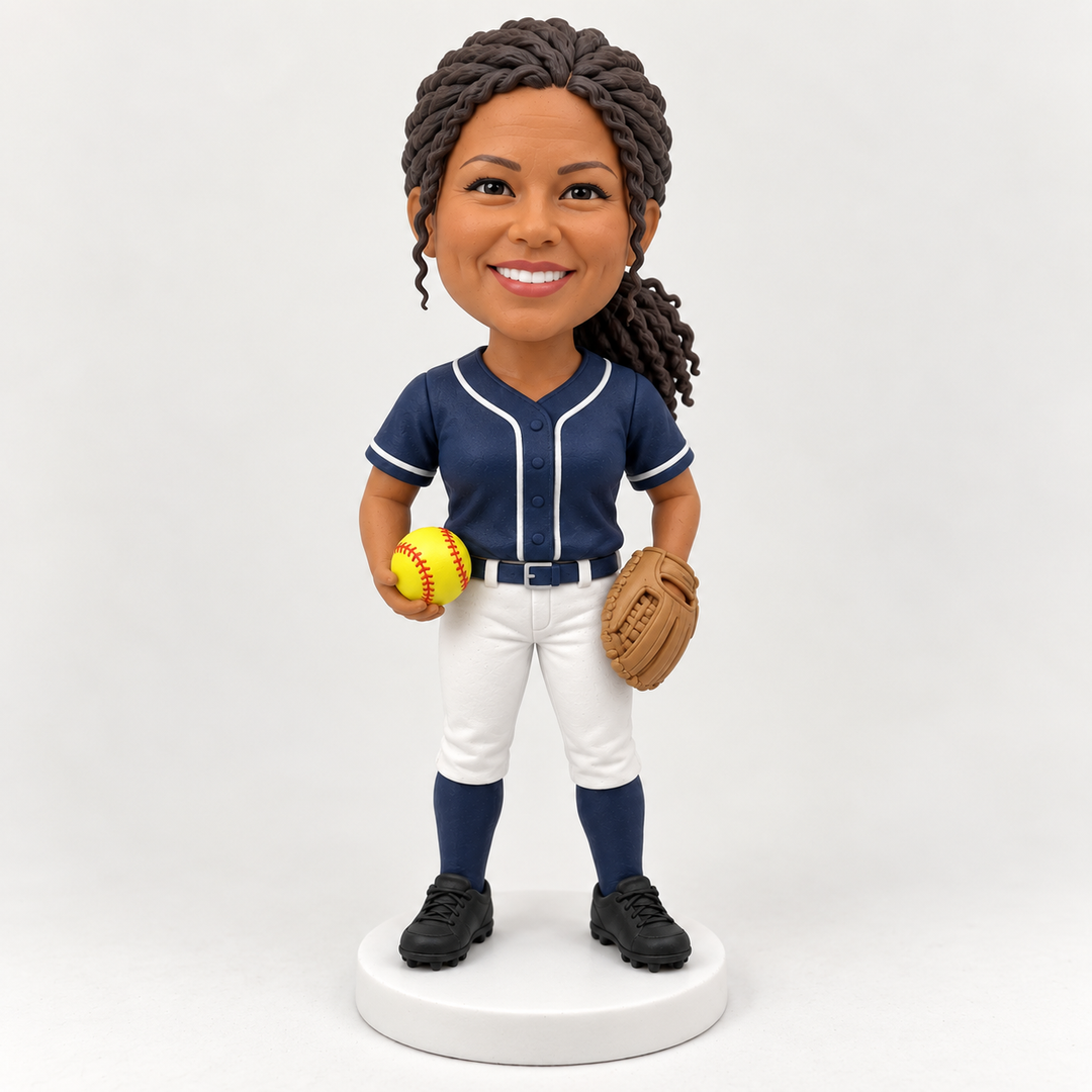 Custom softball player figurine with curly ponytail