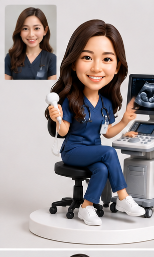 Custom sonographer bobblehead with matching portrait reference and ultrasound equipment.