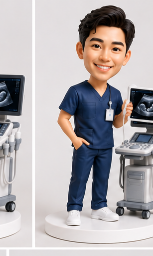 Custom male sonographer bobblehead with ultrasound probe and machine.