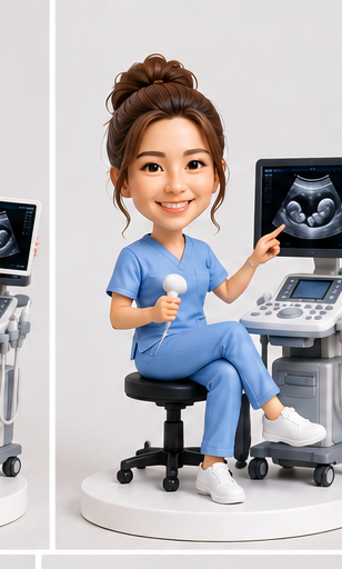 Custom female sonographer bobblehead in light blue scrubs with ultrasound machine.