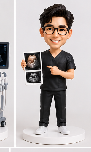 Custom sonographer bobblehead holding ultrasound scan prints.