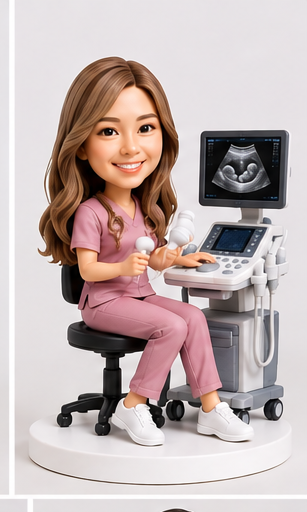 Custom seated sonographer bobblehead in pink scrubs with ultrasound equipment.