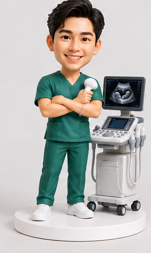 Custom male sonographer bobblehead in green scrubs with ultrasound machine.