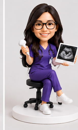 Custom female sonographer bobblehead in purple scrubs with ultrasound probe and scan.