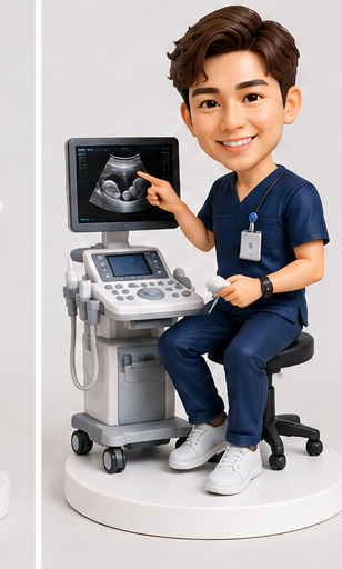 Custom male sonographer bobblehead seated beside ultrasound equipment.