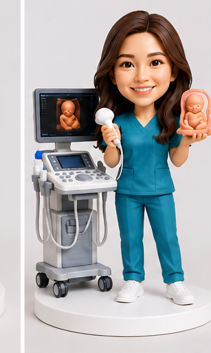 Custom sonographer bobblehead in teal scrubs holding ultrasound probe and fetal model.