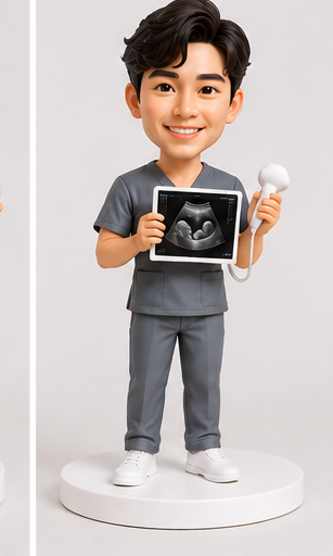 Custom sonographer bobblehead in gray scrubs holding ultrasound scan and probe.