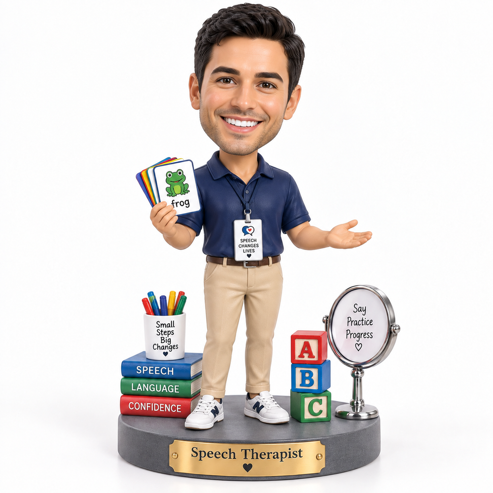 Male custom speech therapist bobblehead with articulation cards