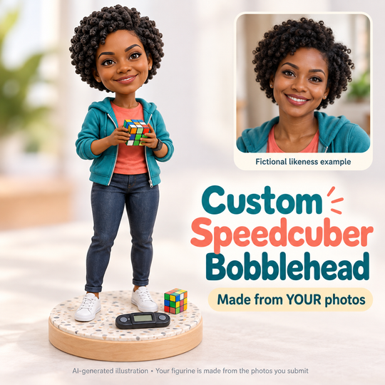 Custom Speedcuber bobblehead with fictional portrait likeness example
