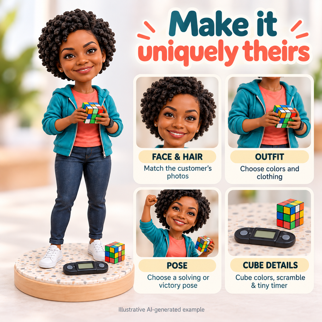Custom Speedcuber bobblehead face, outfit, pose and cube options, illustrative AI-generated example