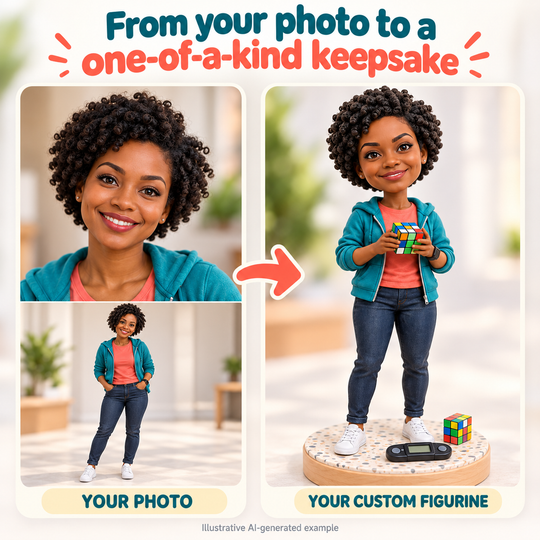 Your photo to custom Speedcuber figurine comparison, illustrative AI-generated example
