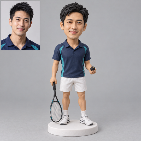 Custom squash player bobblehead with generated portrait comparison