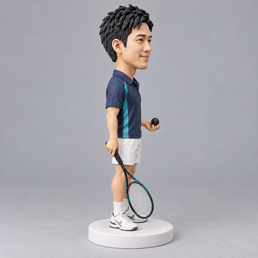 Custom squash player bobblehead side view
