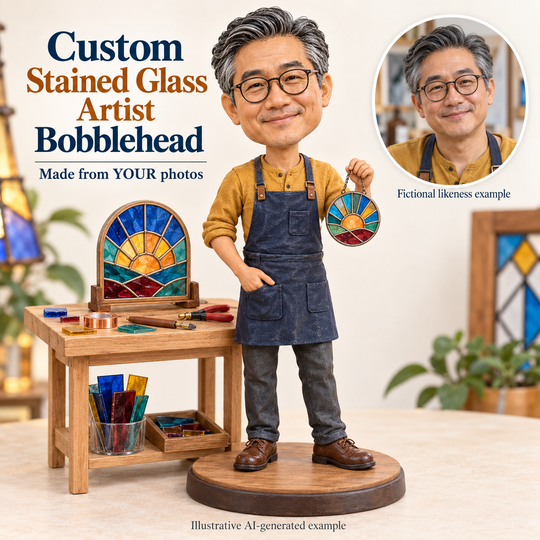 Custom stained glass artist bobblehead with fictional portrait likeness example and included workbench
