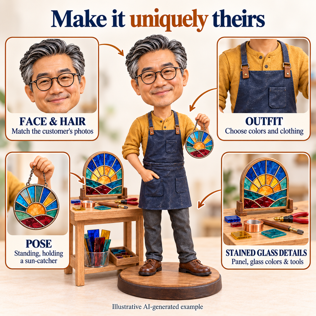 Stained glass artist bobblehead face, outfit, pose and craft detail customization options