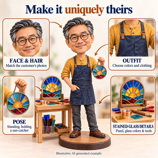 Stained glass artist bobblehead face, outfit, pose and craft detail customization options