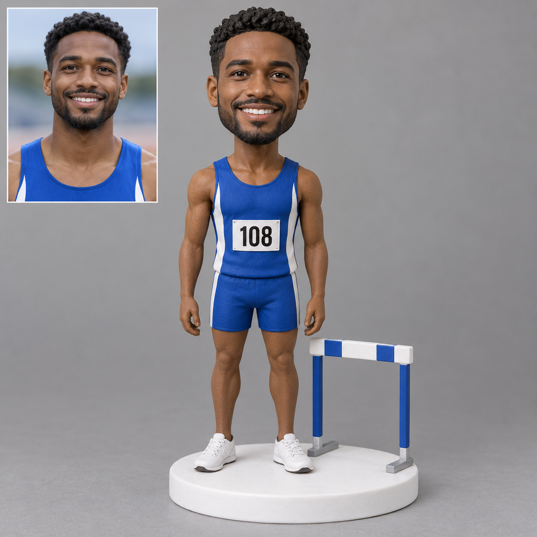 Standing hurdler bobblehead with generated portrait comparison